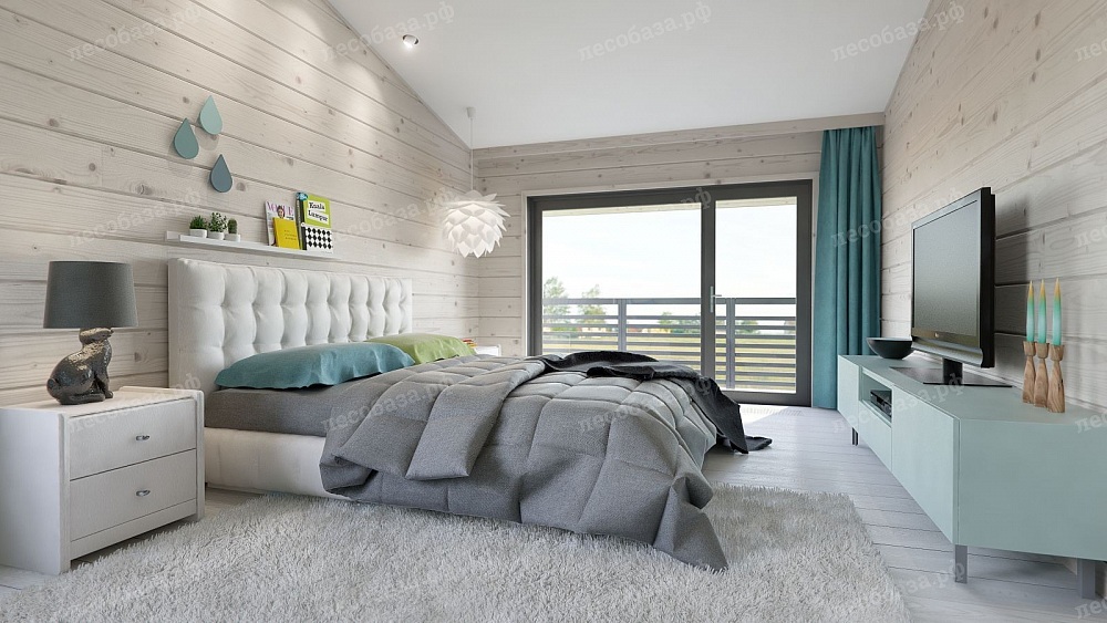 Белый потолок и светлые стены в спальной комнате деревянного дома